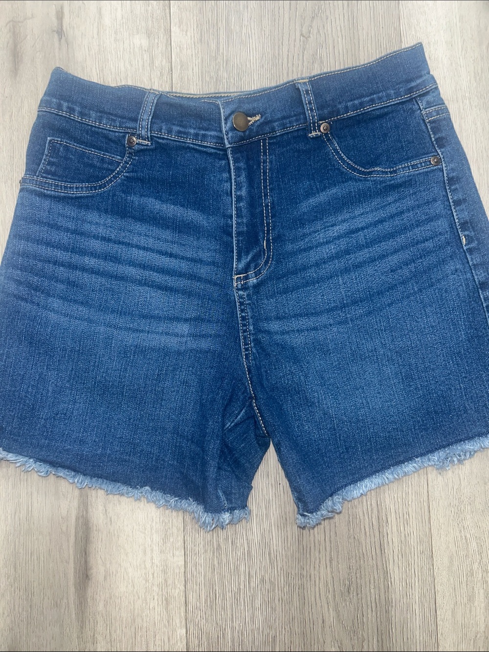 Dark Blue High-Rise Denim Shorts with Frayed Hem size medium